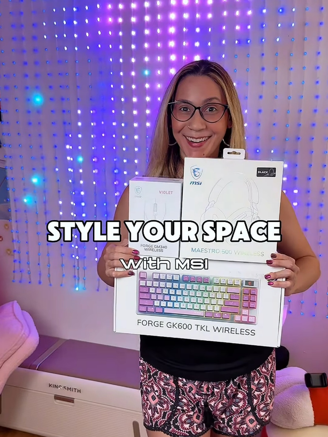 Pink and purple desk setup with MSI peripherals